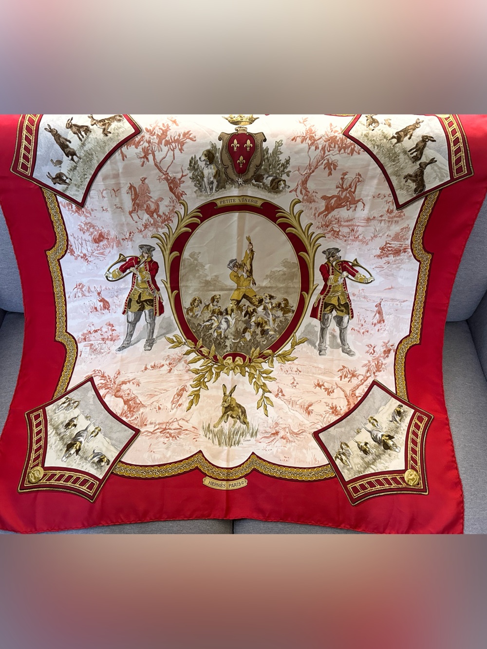 Hermes Red and Cream Silk-Style Scarf with Equestrian and Regal Motif